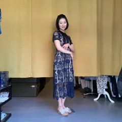 @ レース 花柄 ワンピース シャツ ロング 半袖 ドレス デート お呼ばれ ブルー 青 藍色 ネイビー 紺色　結婚式　dress　ドレス　可愛い