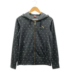 古着 レディースL PUMA/プーマ ポリエステル ジップパーカー  スポーツウェア カジュアル フード ブラック/ホワイト/ドット柄 829213 gl00535