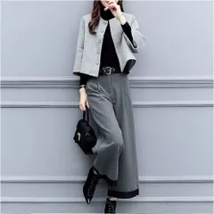 ☆ グレー ☆ Mサイズ ☆ セットアップ レディース パンツスーツ セットアップ レディース ワイドパンツ ガウチョパンツ カジュアルスーツ ワイド ガウチョ シンプル 無地 ゆったり 体型カバー 上下セット セット カジュアル 長袖 ポケット 通勤 通学