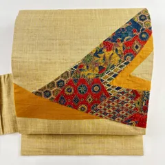 【美品】 名古屋帯 秀品 紬地 幾何学 刺繍 薄黄土色 正絹 【中古】