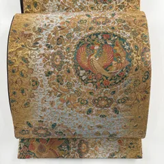 【美品】 袋帯 秀品 花鳥 花唐草 箔 灰色 六通 正絹 【中古】