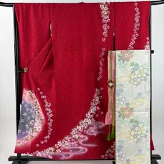 【美品】 振袖 身丈157cm 裄丈68cm L 袷 袋帯フルセット 桜 流水 ぼかし 赤 正絹 秀品 【中古】