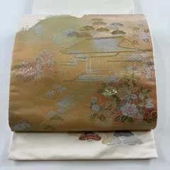 袋帯 秀品 建物 松竹梅 螺鈿 金銀彩 クリーム お太鼓柄 正絹 【中古】