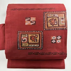【美品】 名古屋帯 優品 鳥 幾何学模様 箔 茜色 正絹 【中古】