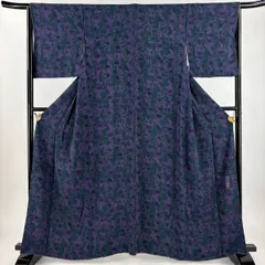 小紋 身丈160.5cm 裄丈66cm M 袷 落款 草花 花器 縮緬 深緑 正絹 名品 【中古】