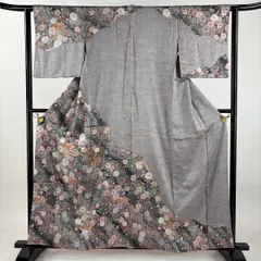 【美品】 訪問着 身丈157.5cm 裄丈62cm S 袷 辻が花柄 鴛鴦 金彩 ぼかし 青灰色 正絹 名品 【中古】