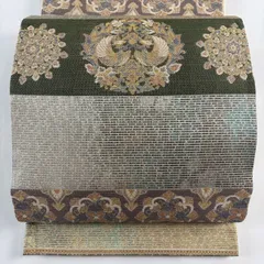 袋帯 名品 京の名工 向かい鳥 箔 金糸 灰緑 六通 正絹 【中古】