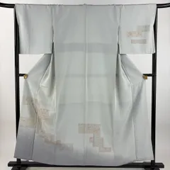 付下げ 身丈156.5cm 裄丈66cm M 袷 草花 花唐草 刺繍 ぼかし 青灰色 正絹 秀品 【中古】