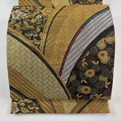 【美品】 袋帯 秀品 線調花舞錦 振袖向き 草花 幾何学 金色 六通 正絹 【中古】
