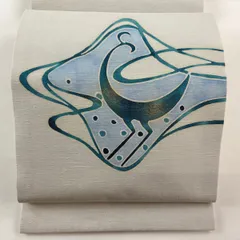 開き名古屋帯 秀品 紬地 鳥 幾何学 金彩 青灰色 正絹 【中古】