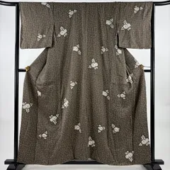 小紋 身丈156.5cm 裄丈64cm M 袷 草花 幾何学 絞り 茶緑色 正絹 秀品 【中古】