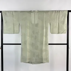 道行 身丈103cm 裄丈64.5cm M 和装コート 角衿 幾何学 灰緑 正絹 秀品 【中古】