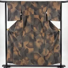 【美品】 小紋 身丈157cm 裄丈64cm M 単衣 花 縞 茶緑色 正絹 秀品 【中古】