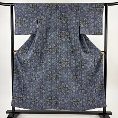 【美品】 小紋 身丈155cm 裄丈62cm S 袷 葡萄唐草 幾何学模様 青紫 正絹 秀品 【中古】