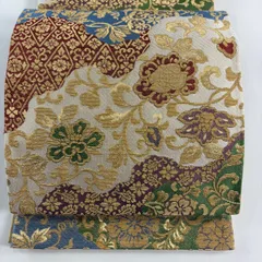 【美品】 袋帯 名品 道長取り 花唐草 金糸 輪奈織 クリーム 全通 正絹 【中古】