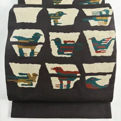 袋帯 名品 木屋太 落款 紬地 鳥 幾何学 茶紫 六通 正絹 【中古】