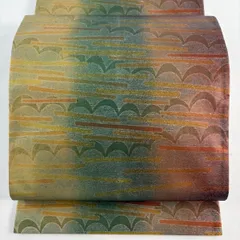 袋帯 名品 落款 牛首紬地 幾何学 緑 全通 正絹 【中古】