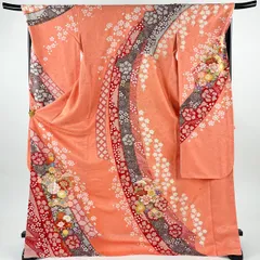 【美品】 振袖 身丈178cm 裄丈70.5cm L 袷 熨斗 牡丹 刺繍 金彩 サーモンピンク 正絹 名品 【中古】