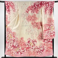 振袖 身丈157cm 裄丈68cm L 袷 桜 花びら 金通し 金糸 クリーム 正絹 名品 【中古】