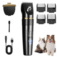 2種類刃付き 2段階スピード調整 電動バリカンセット 5段階刈り高さ 4種類ガイドコーム付き 低振動 コードレス USB充電式 静音 1800mAh大容量バッテリー IPX7防水 LEDディスプレイ 猫用 足裏 顔 バリカン 背中 お腹 全身カット 犬用 自宅