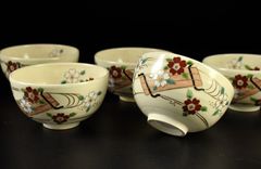 時代 九谷焼 人物画煎茶碗5客 木箱付 口径約5.5㎝ 東Y8-0528⑤タエチ
