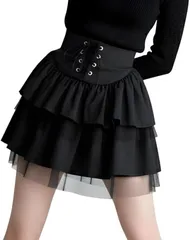 Belle Iza Bella ティアードスカート 地雷系 レディース ミニ フリル レースアップ ハイウエスト チュール 無地 ミニスカ フレア コルセット ギャザー かわいい きれい おしゃれ シンプル ゴスロリ サブカル (ブラック,  M)