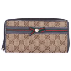 GUCCI (グッチ) GG Canvas Wallet シェリーライン リボン ラウンドジップ キャンバスウォレット 長財布 ベージュ 257003