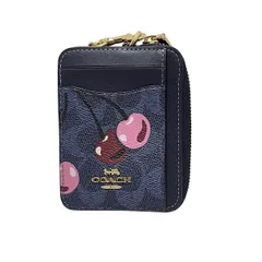 コーチ カードケース美品  ジップ カード ケース・シグネチャー キャンバス・チェリー プリント CZ468 ネイビー×ピンク×マルチ チェリー