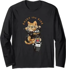 送料無料 100%コットン　面白い 猫 おもしろ バイク オートバイ ねこ ライダース バイカー 長袖Tシャツ メンズ  レディース　かわいい　ユーモア　パロディ 柔らかい肌触り オシャレ 快適 丸襟 軽い  服 通勤 部屋着  春秋
