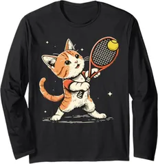 送料無料 100%コットン　面白い　テニスプレーヤー 猫 テニス 長袖Tシャツ メンズ  レディース　かわいい　ユーモア　パロディ 柔らかい肌触り オシャレ 快適 丸襟 軽い  服 通勤 部屋着  春秋