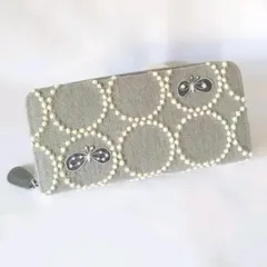【受注製作】刺繍３つ・タンバリン グレー 本革長財布 ミナペルホネン
