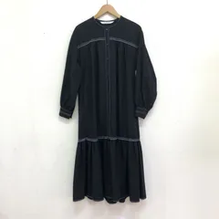 Ray BEAMS 配色ステッチギャザーワンピース ティアードワンピース ノーカラーシャツワンピース ブラック FREE