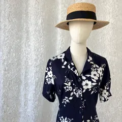 花柄 リネン混ワンピース ヨーロッパ古着　開襟　花柄ワンピース　ネイビー