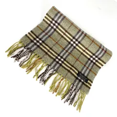 t2087 バーバリー マフラー チェック カシミア100% イングランド製 男女兼用 ユニセックス 黄緑色 グリーン フリンジ