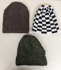 【ハンドメイド】ニット帽 3個まとめて チェック柄 グリーン系 ブラウン系 毛糸 手編み＊mkk106