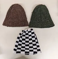 【ハンドメイド】ニット帽 3個まとめて チェック柄 グリーン系 ブラウン系 毛糸 手編み＊mkk107