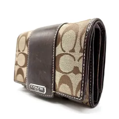✨良品✨ COACH コーチ 財布 コンパクトウォレット 三つ折り財布 レザー 革 キャンバス シグネチャー ベージュ 肌色 ブラウン 茶色 ユニセックス 男女兼用 メンズ レディース