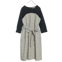 ローズティアラ★上品可愛い♪ チェック柄ワンピース ドッキングデザイン ウエストマーク 大きいサイズ42 黒×ベージュ系 z16402