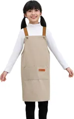 SCHOOL HERO 子供用 エプロン 幼稚園 保育園 小学生 低学年 高学年 ポリエステル100％ 撥水・防水加工肩紐サイズ調整可能 家庭科 調理実習 授業 料理 お菓子作り 工作 キャンプ (ミルクベージュ,  M（80～120cm）)