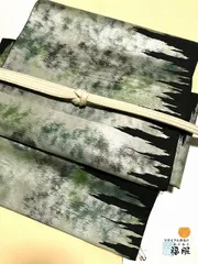【中古】作り帯 正絹 二重太鼓結び 黒地に霞文様 六通柄 袋帯の付け帯