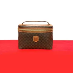 極 美品 CELINE セリーヌ ヴィンテージ マカダム ブラゾン トリオンフ 柄 レザー ハンドバッグ バニティバッグ ポーチ ブラウン 01677