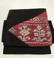 【中古】名古屋帯 交織 黒地に唐花文様 九寸 お太鼓柄