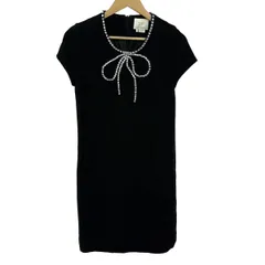 Kate spade(ケイトスペード) ワンピース サイズ6 M レディース - 黒 クルーネック/半袖/ひざ丈/ビジュー/リボン