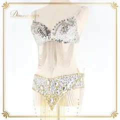 ベリーダンス オリエンタル 衣装 トップス ベルト セット ホワイト系 ビーズ スパンコール フリンジ ラインストーン キラキラ 煌びやか 金 華やか 上品 舞台 ダンス衣装 豪華 ゴージャス シルバー系 ゴールド系