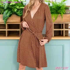 ワンピース 膝丈 長袖 Vネック フレア 千鳥格子 サイドポケット ラップワンピース S.M.L ラストブラック FROM USA ロサンゼルスアパレル SM240219LA031