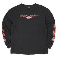 ハーレーダビッドソン HARLEY-DAVIDSON 00s 2000年代 L/S Tシャツ MADE IN USA アメリカ製 袖プリント フレイム トライバル ロンT ヴィンテージ 古着 ブラック 黒 L【中古】