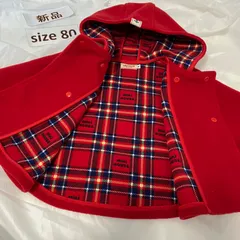 392ミキハウスmikhouse 70-90size ロゴ入り赤チェックフリースポンチョコート