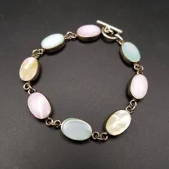 英国 ヴィンテージ カラフル マザーオブパール オーバルチェーン ブレスレット 925 シルバー 銀 Birmingham Convention マーク Y23-P