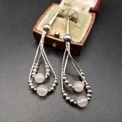 ローズクォーツ ボールビーズ 925 シルバー ビンテージ ロングピアス 4.7g 銀細工 2連 フック 揺れるチャーム ゴージャスイヤリング 10Y-D