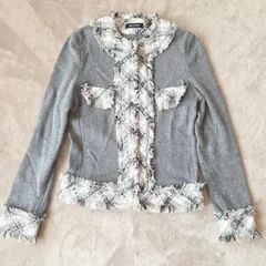 COMME CA DU MODE【ツイード×フリンジ】ニットジャケット レディース 上品 グレー系 高見えアウター フォーマル対応 美品